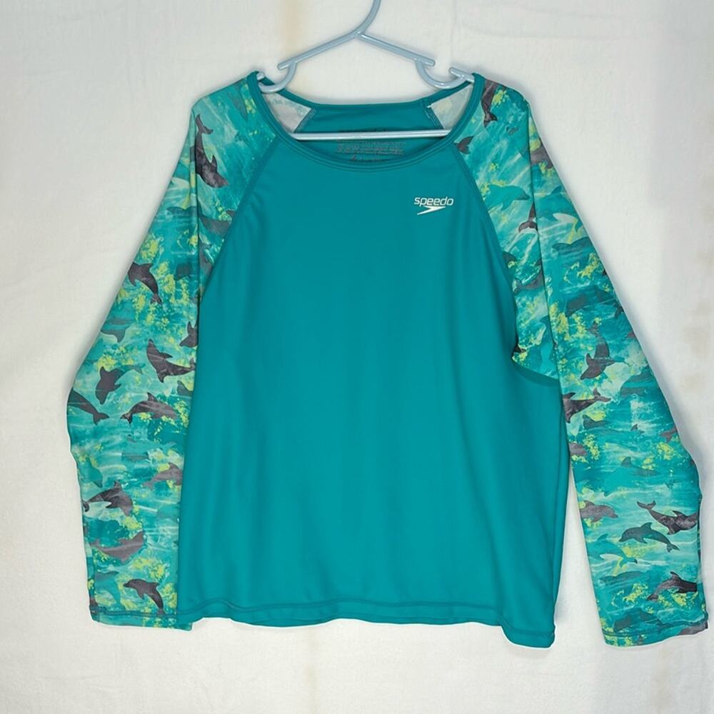 Speedo BLOCKTHBURN Rash Guard Long Sleeve With Dolphins Print Top Unisex X Large